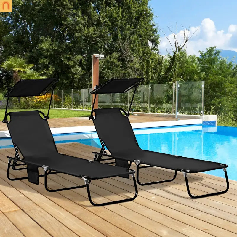 Folding Chaise Lounge with Canopy Shade, Reclining Back, Steel Frame, Black