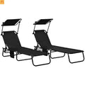 Folding Chaise Lounge with Canopy Shade, Reclining Back, Steel Frame, Black