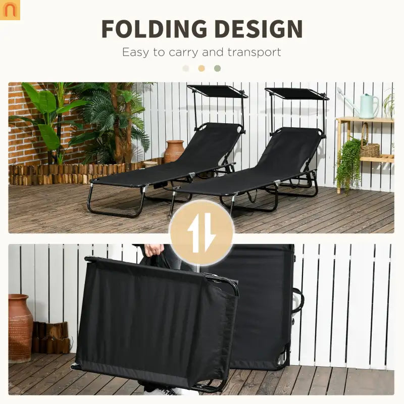 Folding Chaise Lounge with Canopy Shade, Reclining Back, Steel Frame, Black