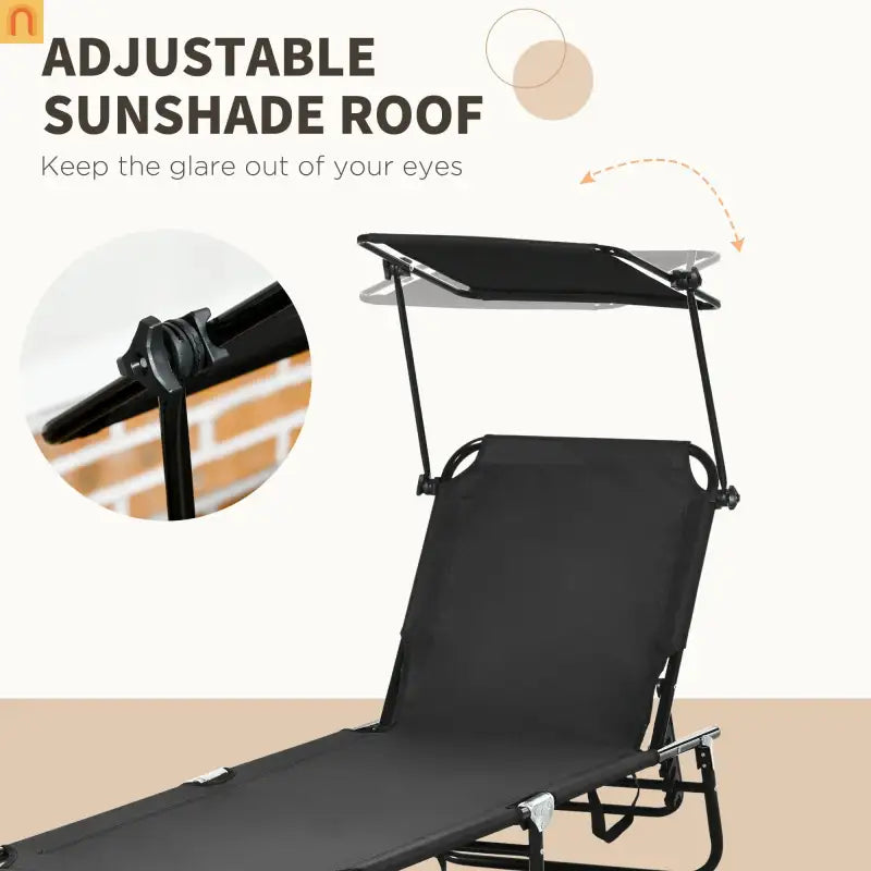 Folding Chaise Lounge with Canopy Shade, Reclining Back, Steel Frame, Black