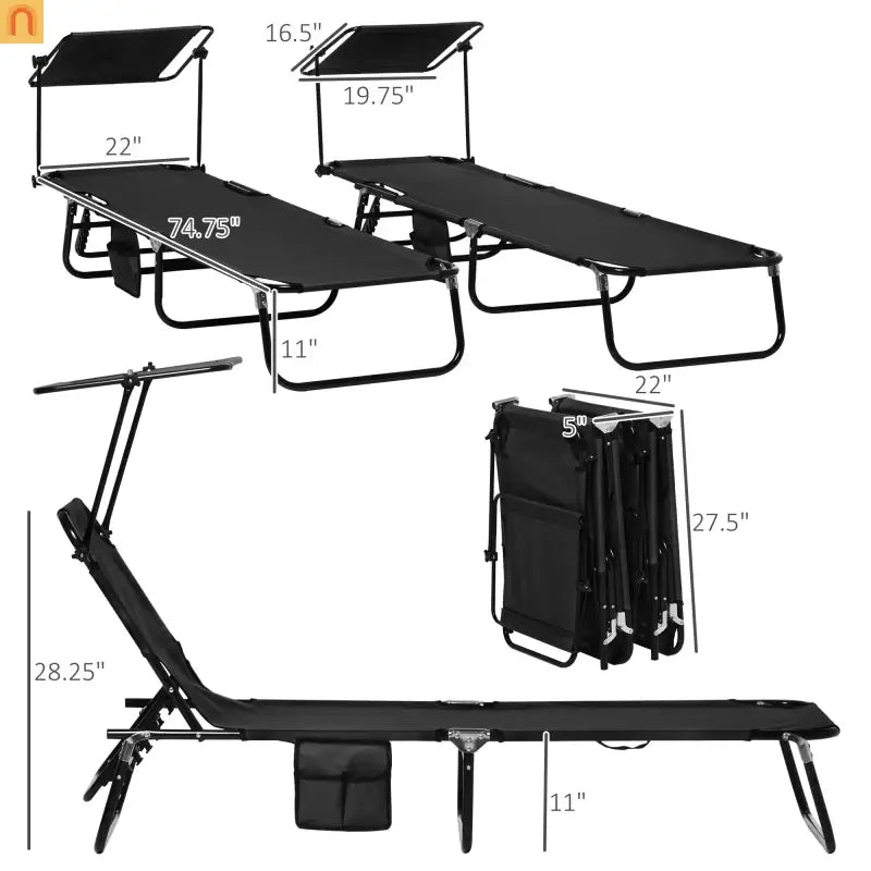 Folding Chaise Lounge with Canopy Shade, Reclining Back, Steel Frame, Black
