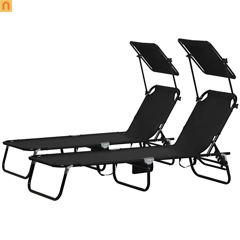 Folding Chaise Lounge with Canopy Shade, Reclining Back, Steel Frame, Black
