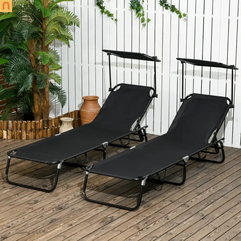 Folding Chaise Lounge with Canopy Shade, Reclining Back, Steel Frame, Black